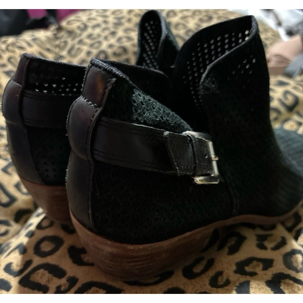 Sam‎ Edelman Paula Black Perforated Suede Low Heel Ankle Booties, 8.5